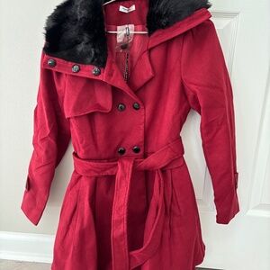 NWT Red Burgundy Winter Faux Fur Pea Coat Belt small
